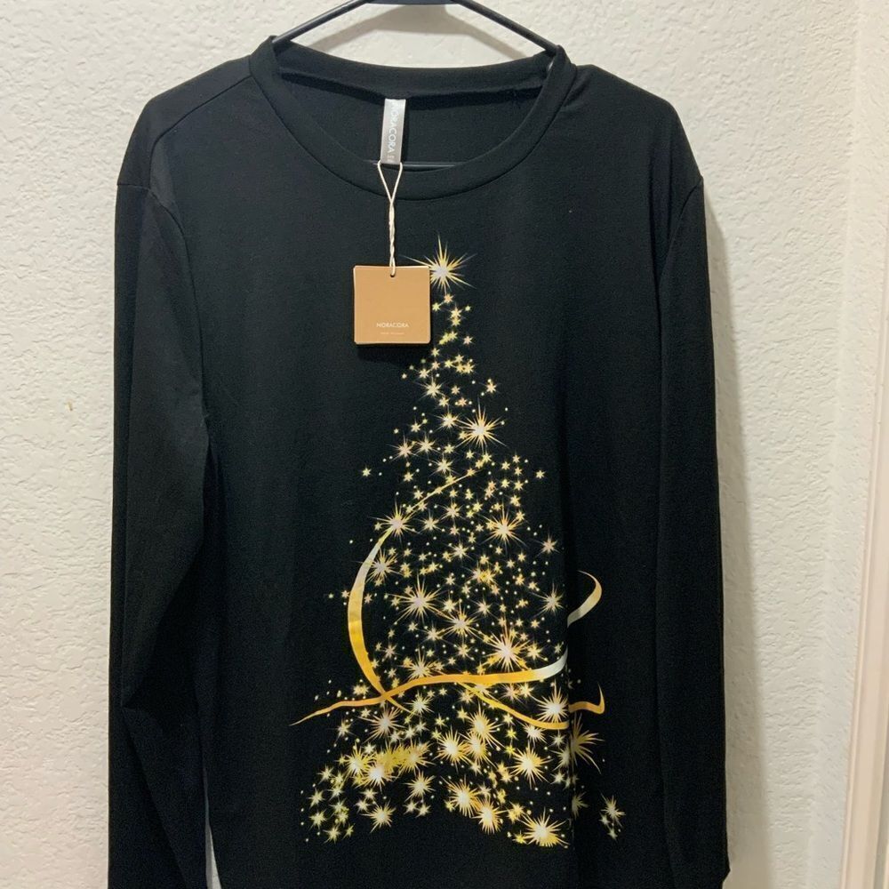 NWT - NORACORA Women Size XXL Christmas Tree Stars Black T-Shirt Long Sleeve